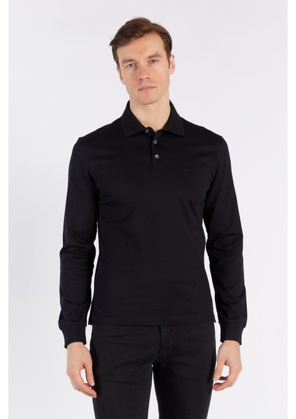 Erkek Siyah Düz Uzun Kol Polo Yaka T-Shirt