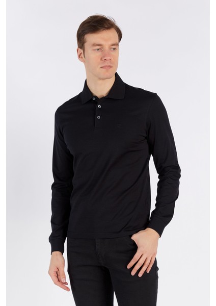 Erkek Siyah Düz Uzun Kol Polo Yaka T-Shirt fiyatları