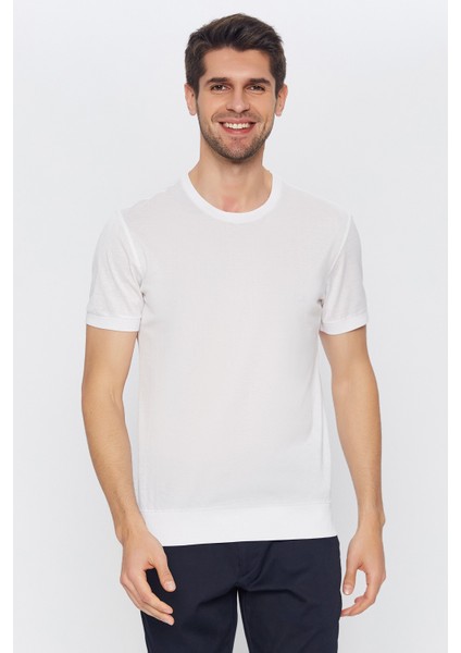Erkek Beyaz Düz Kısa Kol Bisiklet Yaka T-Shirt