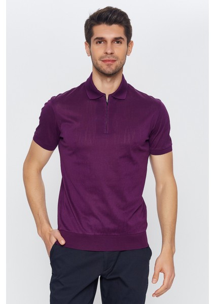 Erkek Koyu Mor Jakarlı Kısa Kol Polo Yaka T-Shirt