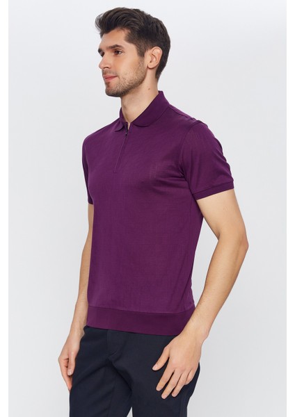 Erkek Koyu Mor Jakarlı Kısa Kol Polo Yaka T-Shirt fiyatları