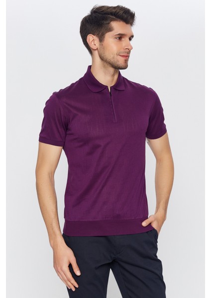Erkek Koyu Mor Jakarlı Kısa Kol Polo Yaka T-Shirt modelleri