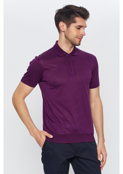 Erkek Koyu Mor Jakarlı Kısa Kol Polo Yaka T-Shirt fırsatları