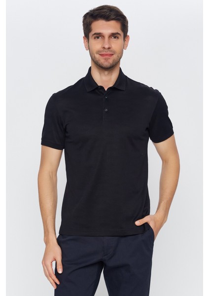 Erkek Siyah Jakarlı Kısa Kol Polo Yaka T-Shirt