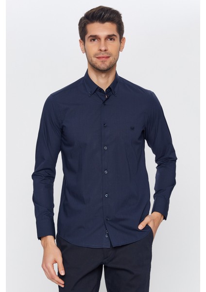 Erkek Lacivert Düz Slim Fit Uzun Kol Gömlek