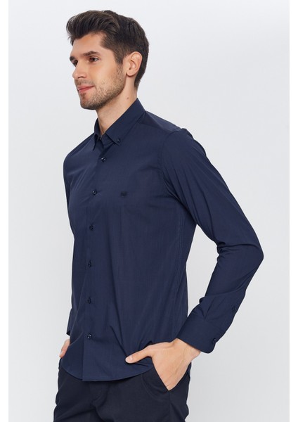 Erkek Lacivert Düz Slim Fit Uzun Kol Gömlek