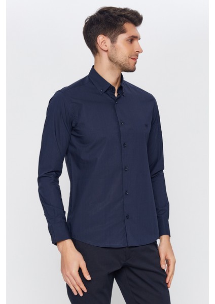 Erkek Lacivert Düz Slim Fit Uzun Kol Gömlek