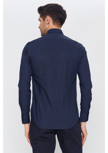 Erkek Lacivert Düz Slim Fit Uzun Kol Gömlek