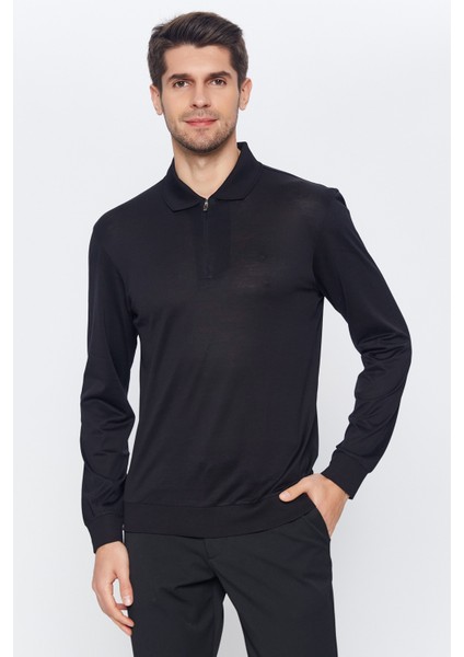 Erkek Siyah Düz Uzun Kol Polo Yaka T-Shirt