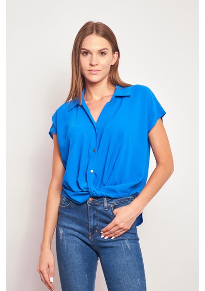 Likrasız Şık Kumaş Yakalı Düşük Omuzlu Önü Pileli Gömlek-Sax