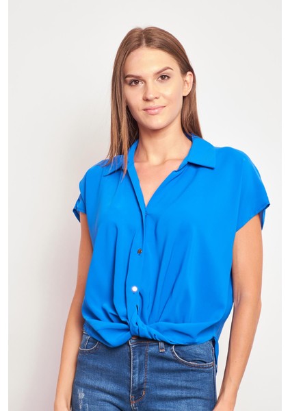 Likrasız Şık Kumaş Yakalı Düşük Omuzlu Önü Pileli Gömlek-Sax fiyatları