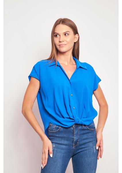 Likrasız Şık Kumaş Yakalı Düşük Omuzlu Önü Pileli Gömlek-Sax modelleri