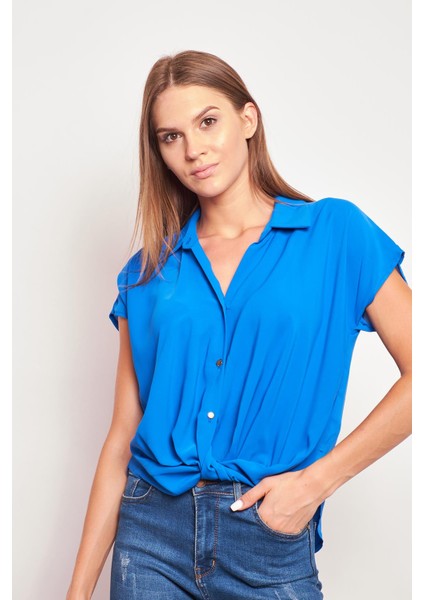 Likrasız Şık Kumaş Yakalı Düşük Omuzlu Önü Pileli Gömlek-Sax fırsatları