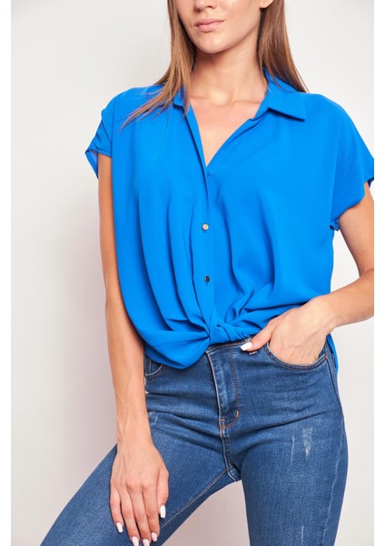 Likrasız Şık Kumaş Yakalı Düşük Omuzlu Önü Pileli Gömlek-Sax indirimleri