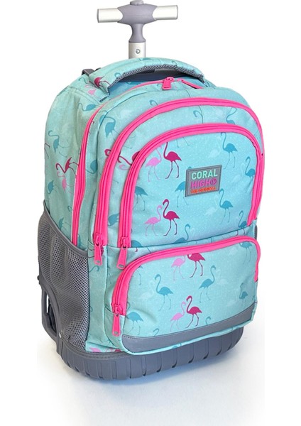 Kids Flamingo Desenli, Su Yeşili Renkli, Iki Kademeli Çekçekli, Sırt ve Okul Çantası 24022