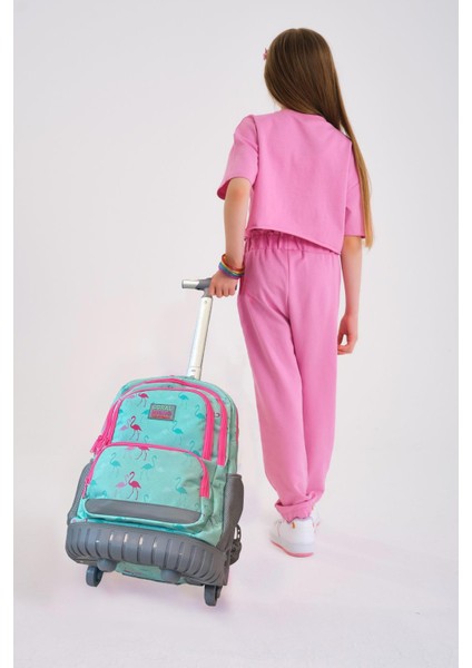Kids Flamingo Desenli, Su Yeşili Renkli, Iki Kademeli Çekçekli, Sırt ve Okul Çantası 24022 fiyatları