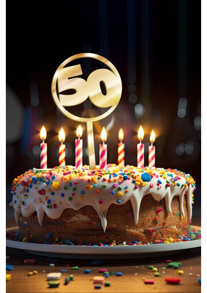 Gold 50 Yaş Yazılı Ayna Pleksi Pasta Üstü & Doğum Günü Partisi & Pleksi Pasta Süsü