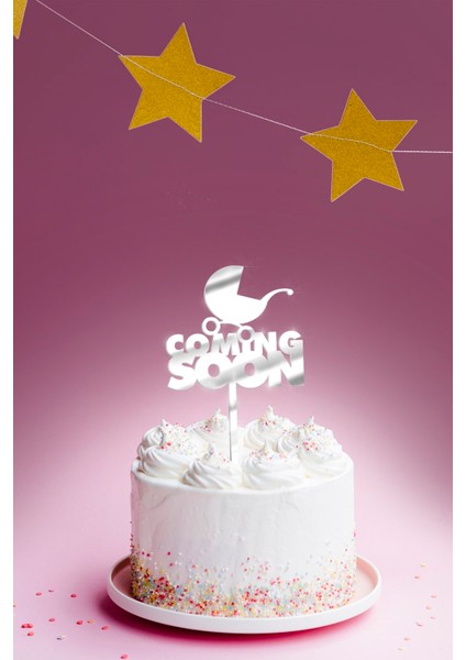 Gümüş Coming Soon Yazılı Ayna Pleksi Pasta Üstü & Doğum Günü Partisi & Pleksi Pasta Süsü