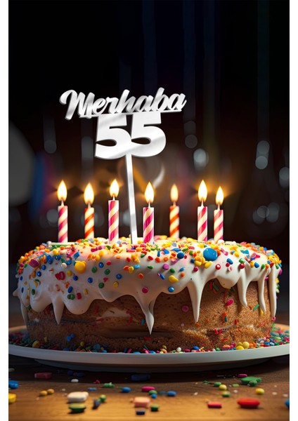 Gümüş Merhaba 55 Yaş Yazılı Ayna Pleksi Pasta Üstü & Doğum Günü Partisi & Pleksi Pasta Süsü