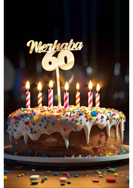 Gold Merhaba 60 Yaş Yazılı Ayna Pleksi Pasta Üstü & Doğum Günü Partisi & Pleksi Pasta Süsü