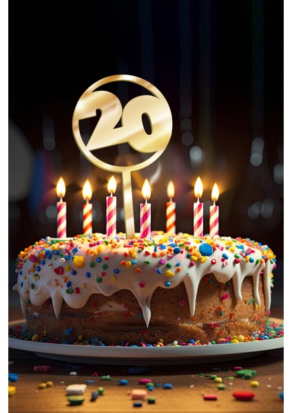 Gold 20 Yaş Yazılı Ayna Pleksi Pasta Üstü & Doğum Günü Partisi & Pleksi Pasta Süsü
