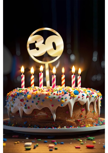 Gold 30 Yaş Yazılı Ayna Pleksi Pasta Üstü & Doğum Günü Partisi & Pleksi Pasta Süsü