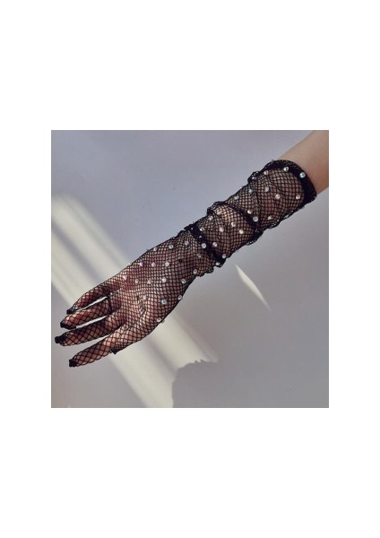 Siyah Uzun Şık Gelin Eldiveni Tül Eldiven Nikah/Düğün Eldiveni Taşlı Eldiven Parti Eldiveni