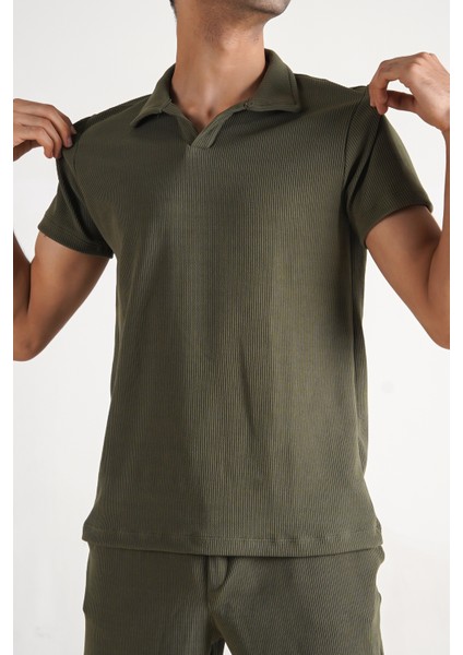 Erkek Fitilli Kumaş Yakalı Normal Kalıp Tshirt
