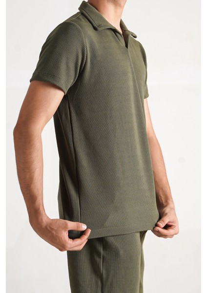 Erkek Fitilli Kumaş Yakalı Normal Kalıp Tshirt