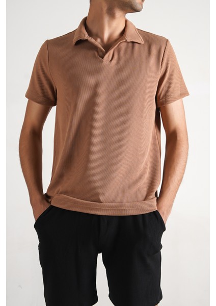 Erkek Fitilli Kumaş Yakalı Normal Kalıp Tshirt