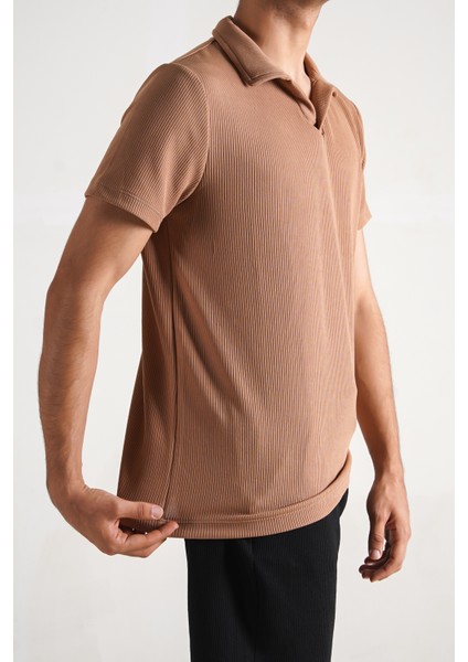 Erkek Fitilli Kumaş Yakalı Normal Kalıp Tshirt