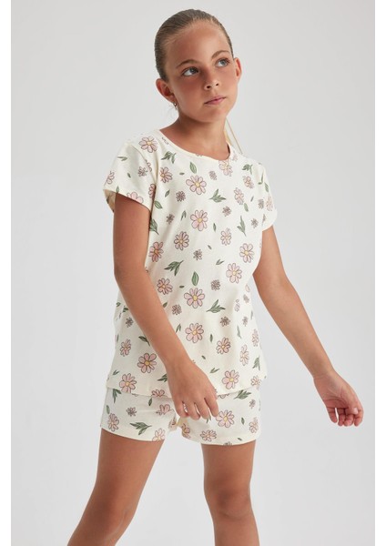 Kız Çocuk Çiçekli Kısa Kollu Şortlu Pijama Takımı B0810A823SM