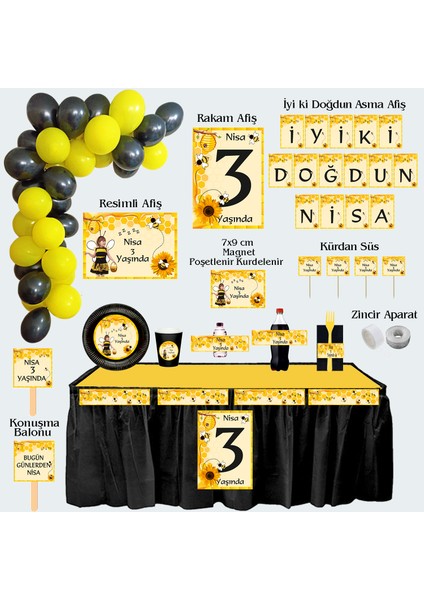 Arı Temalı Kişiye Özel Doğum Günü Seti 10 Kişilik -131 Parça Dev Set
