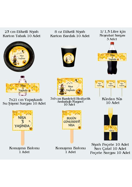 Arı Temalı Kişiye Özel Doğum Günü Seti 10 Kişilik -131 Parça Dev Set modelleri