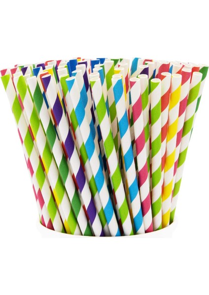 200 Adet Çizgili Kağıt Pipet - Renkli (Yurt Dışından)