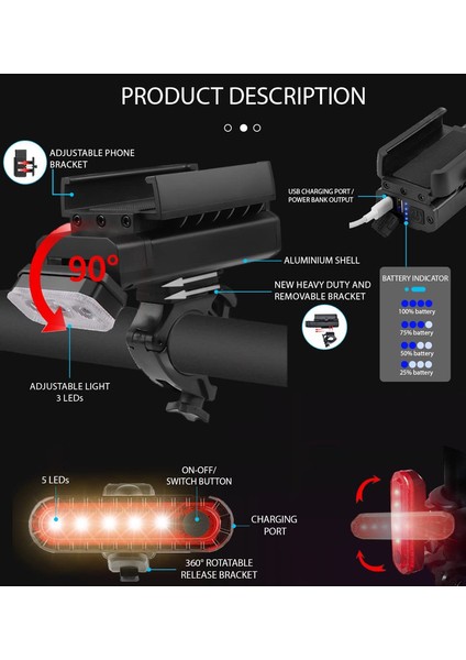 LED Alüminyum Bisiklet Far - Siyah (Yurt Dışından)