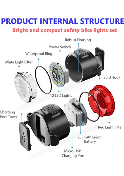 6 Mod USB Şarj Edilebilir Bisiklet Ön ve Arka Işık Seti - Siyah (Yurt Dışından)