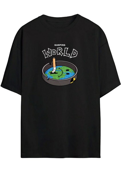 Unisex World Baskılı Siyah Oversize Tshirt