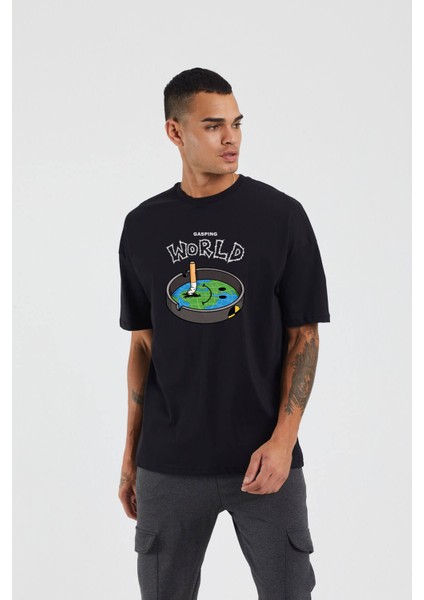 Unisex World Baskılı Siyah Oversize Tshirt fiyatları