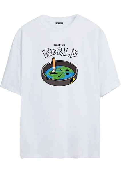 Unisex World Baskılı Beyaz Oversize Tshirt