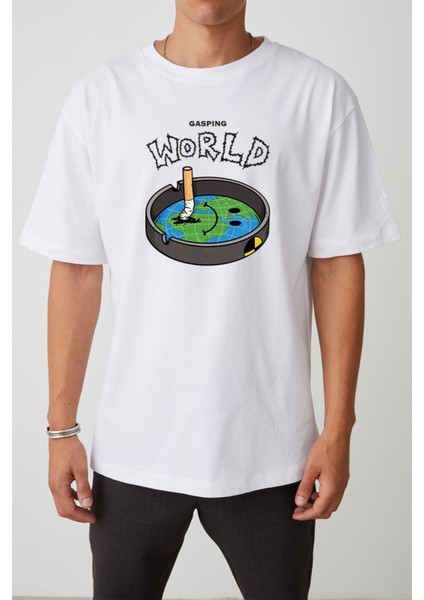 Unisex World Baskılı Beyaz Oversize Tshirt fiyatları