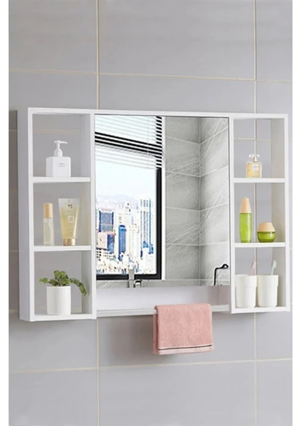 Azzuri Furniture Aynalı Havlu Askılıklı 8 Bölmeli 1 Kapak Asma Banyo Dolabı 70X70CM AZR-0121 Beyaz AZR-0121