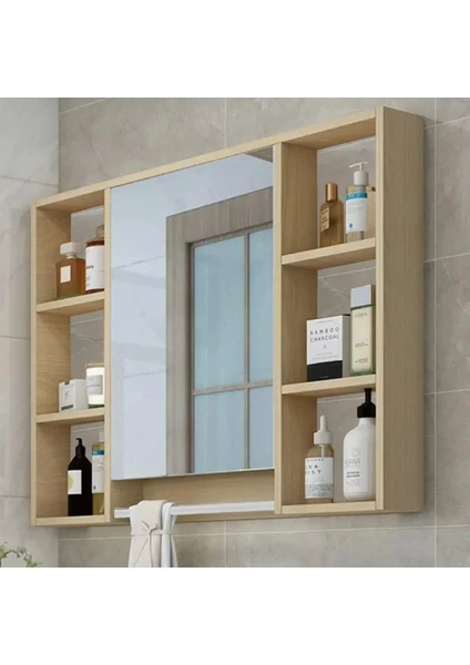 Azzuri Furniture Aynalı Havlu Askılıklı 8 Bölmeli Açık Raflı 1 Kapaklı Asma Banyo Dolabı 70X70CM