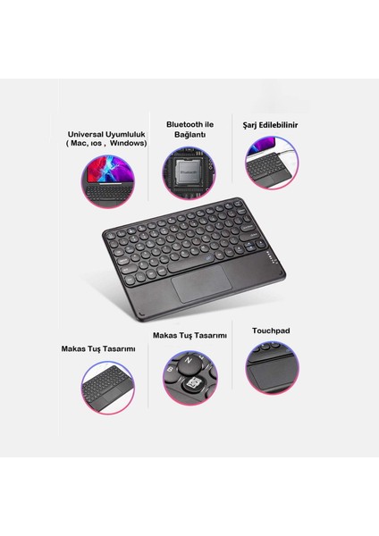 Duhalıne Denver TAQ-10252 Tablet Için Uyumlu Şarjlı Touchpadli Yuvarlak Tuş Rgb Bluetooth Klavye