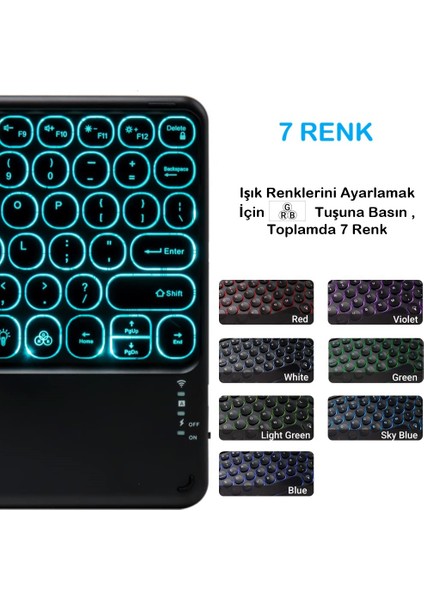 Duhalıne Apple iPad Mini 2 A1489-A1490 7.9" Tablet Için Uyumlu Şarjlı Touchpadli Yuvarlak Tuş Rgb Bluetooth Klavye