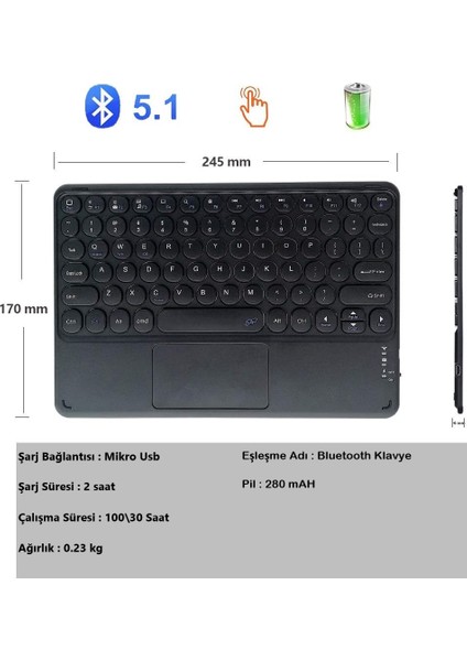 Duhalıne Apple iPad Mini 2 A1489-A1490 7.9" Tablet Için Uyumlu Şarjlı Touchpadli Yuvarlak Tuş Rgb Bluetooth Klavye