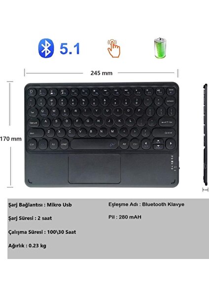 Duhalıne Vorcom 10.36 Inc Tablet Için Uyumlu Şarjlı Touchpadli Yuvarlak Tuş Rgb Bluetooth Klavye