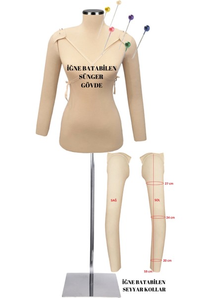 Seyyar Kollu 38 Beden Sünger Iğne Batabilen Terzi Mankeni Prova Mankeni