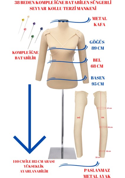 Seyyar Kollu 38 Beden Sünger Iğne Batabilen Terzi Mankeni Prova Mankeni fiyatları