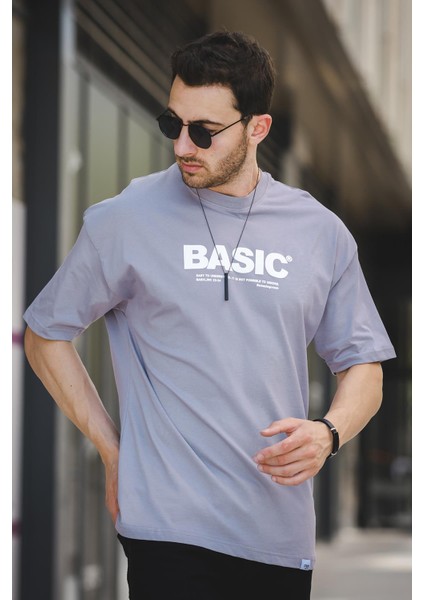 Basic Kabartma Baskılı Pamuklu Bisiklet Yaka Oversize Erkek Tshirt fiyatları